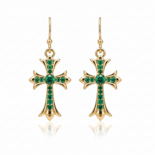 18K Gold Plated Green Crystal Cross Earrings
