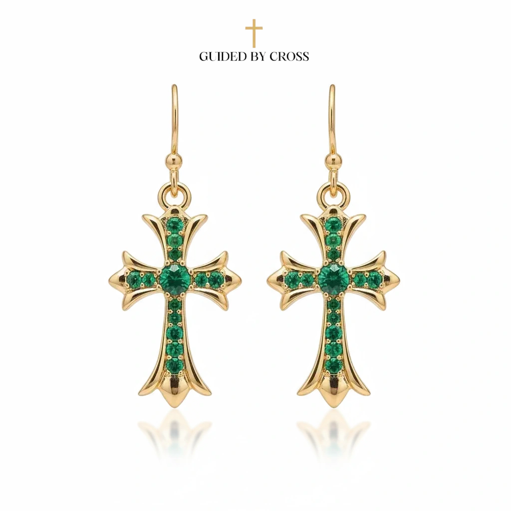 18K Gold Plated Green Crystal Cross Earrings - S925 Silver Post | GUIDED BY CROSS