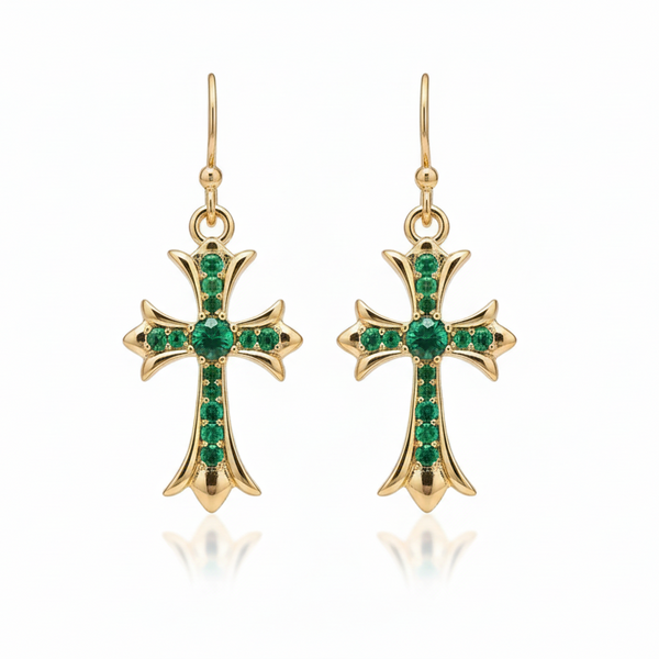 18K Gold Plated Green Crystal Cross Earrings
