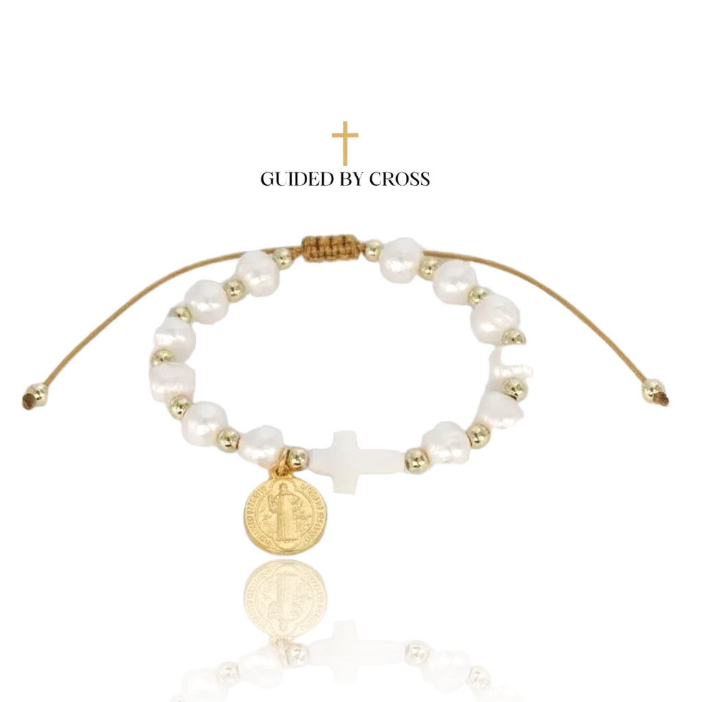 Freshwater Pearl Cross Bracelet with Saint Benedict Medal - Gold Plated | GUIDED BY CROSS
