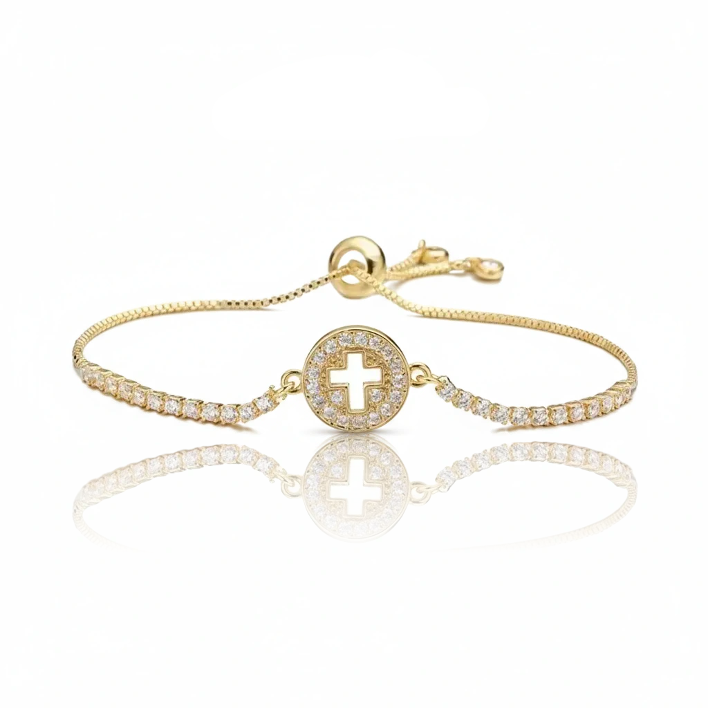 Gold bracelet with cross design on a white background, featuring 'Guided by Cross' brand.