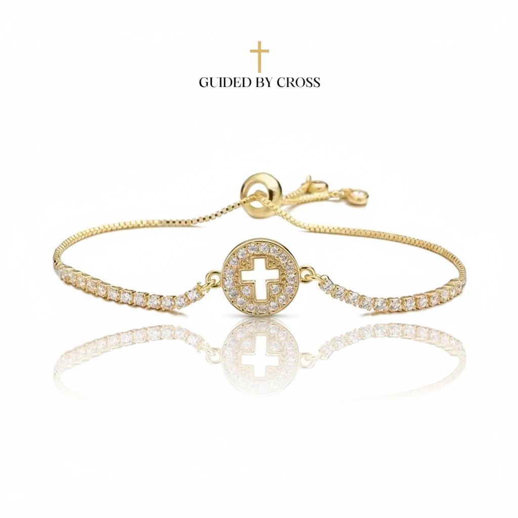 Gold Crystal Cross Circle Bracelet - Adjustable Chain Christian Jewelry | GUIDED BY CROSS