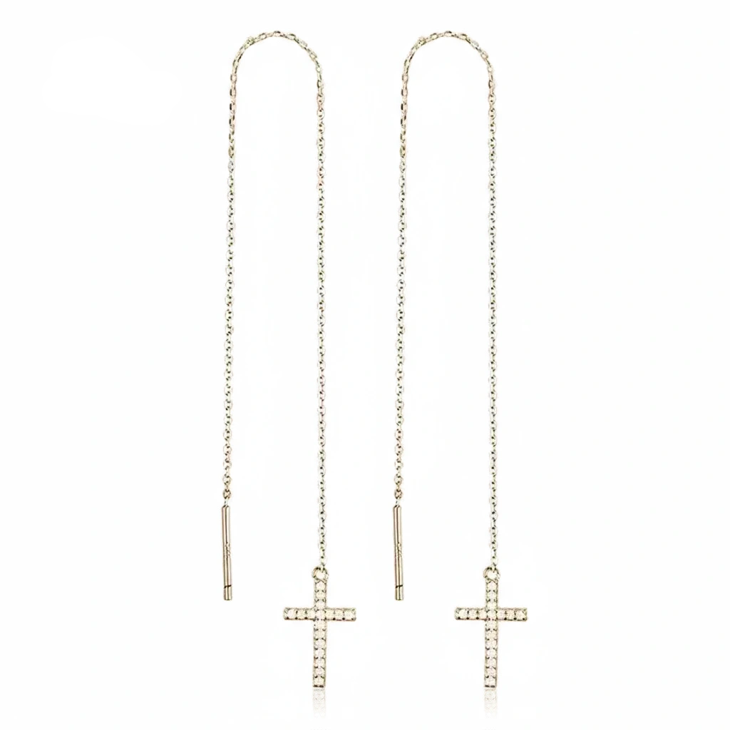 925 Sterling Silver Cross Zirconia Threader Earrings