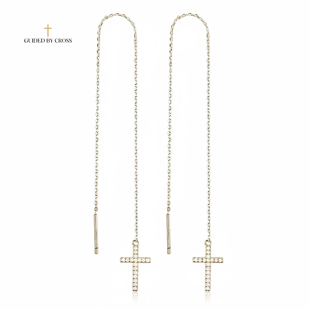 925 Sterling Silver Cross Threader Earrings with Zirconia Crystals | GUIDED BY CROSS