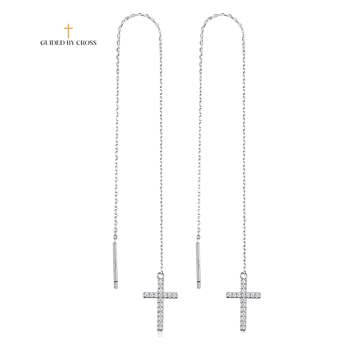 925 Sterling Silver Cross Threader Earrings with Zirconia Crystals | GUIDED BY CROSS