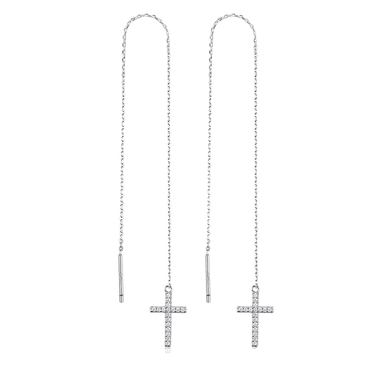 925 Sterling Silver Cross Zirconia Threader Earrings
