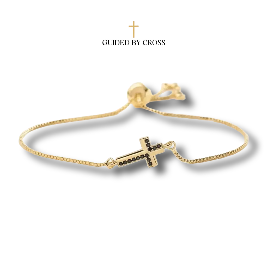 Gold Black Crystal Cross Bracelet - Adjustable Chain Christian Jewelry | GUIDED BY CROSS