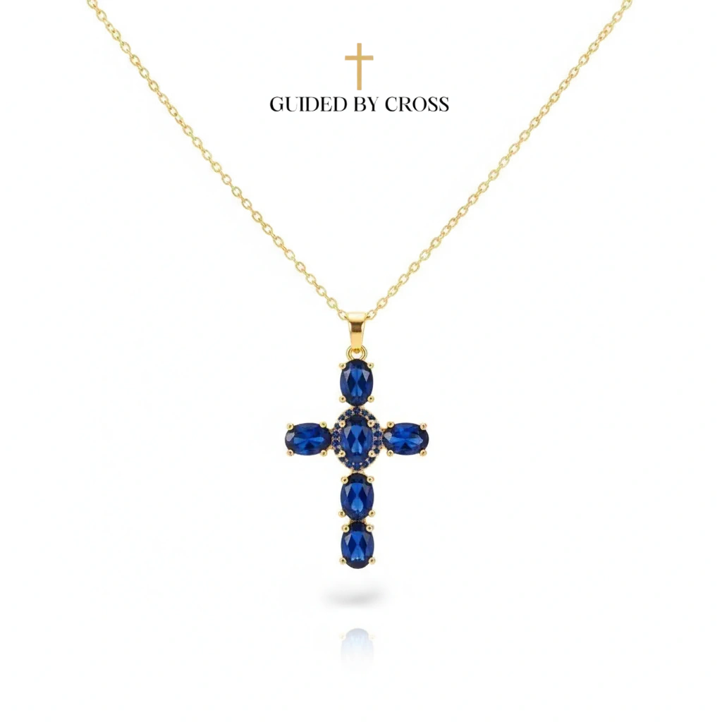 Blue Sapphire Crystal Cross Necklace - Gold Plated Stainless Steel | GUIDED BY CROSS
