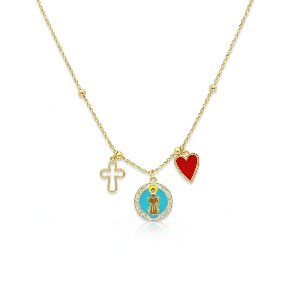 Necklace with religious charms on a white background, featuring 'Guided by Cross' branding.