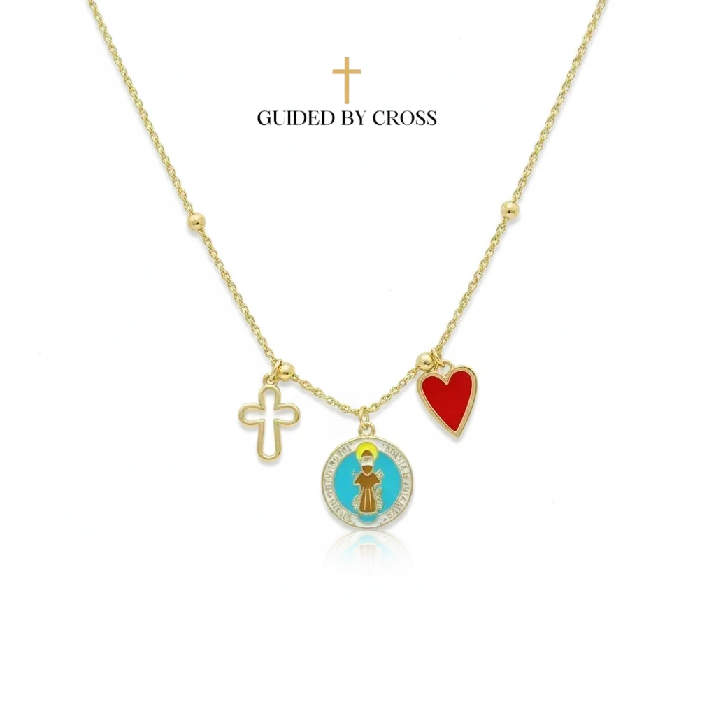 Saint Francis Cross Heart Multi-Charm Necklace - 18K Gold Plated Christian Jewelry | GUIDED BY CROSS