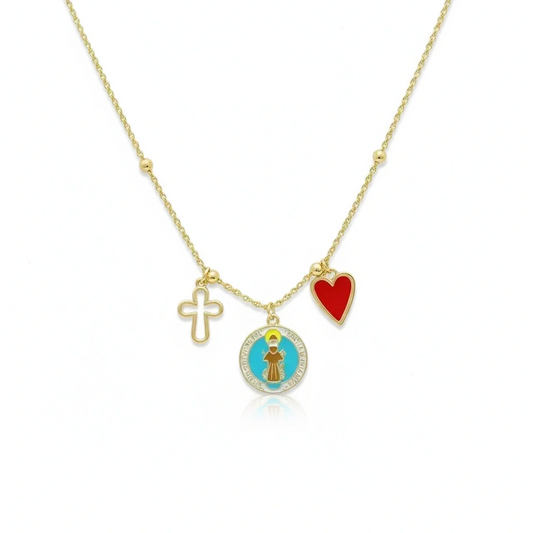 Necklace with religious charms on a white background, featuring 'Guided by Cross' branding.