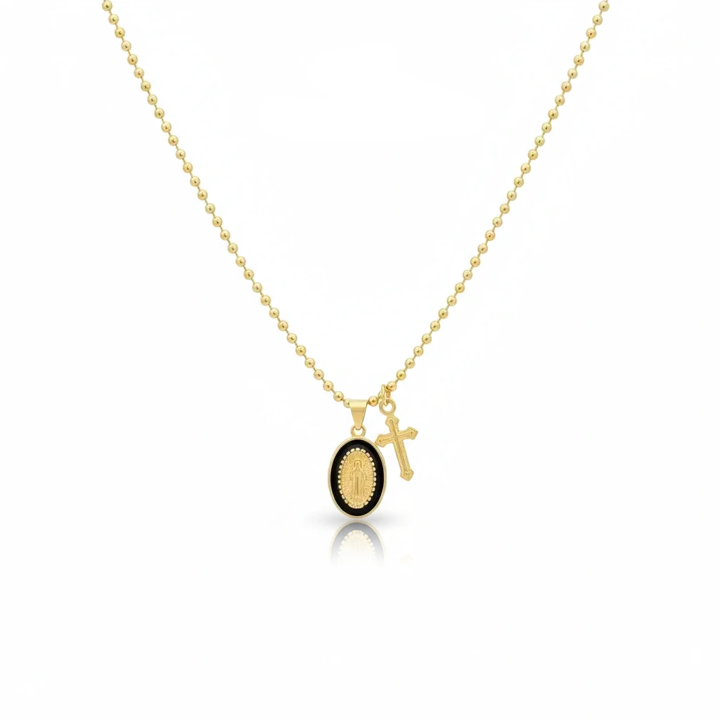 Gold necklace with a black pendant and cross on a white background, featuring 'Guided by Cross' branding.