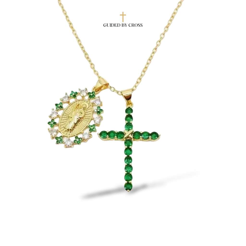 Saint Joseph Medal & Green Cross Necklace - Gold Plated Catholic Jewelry | GUIDED BY CROSSY CROSS