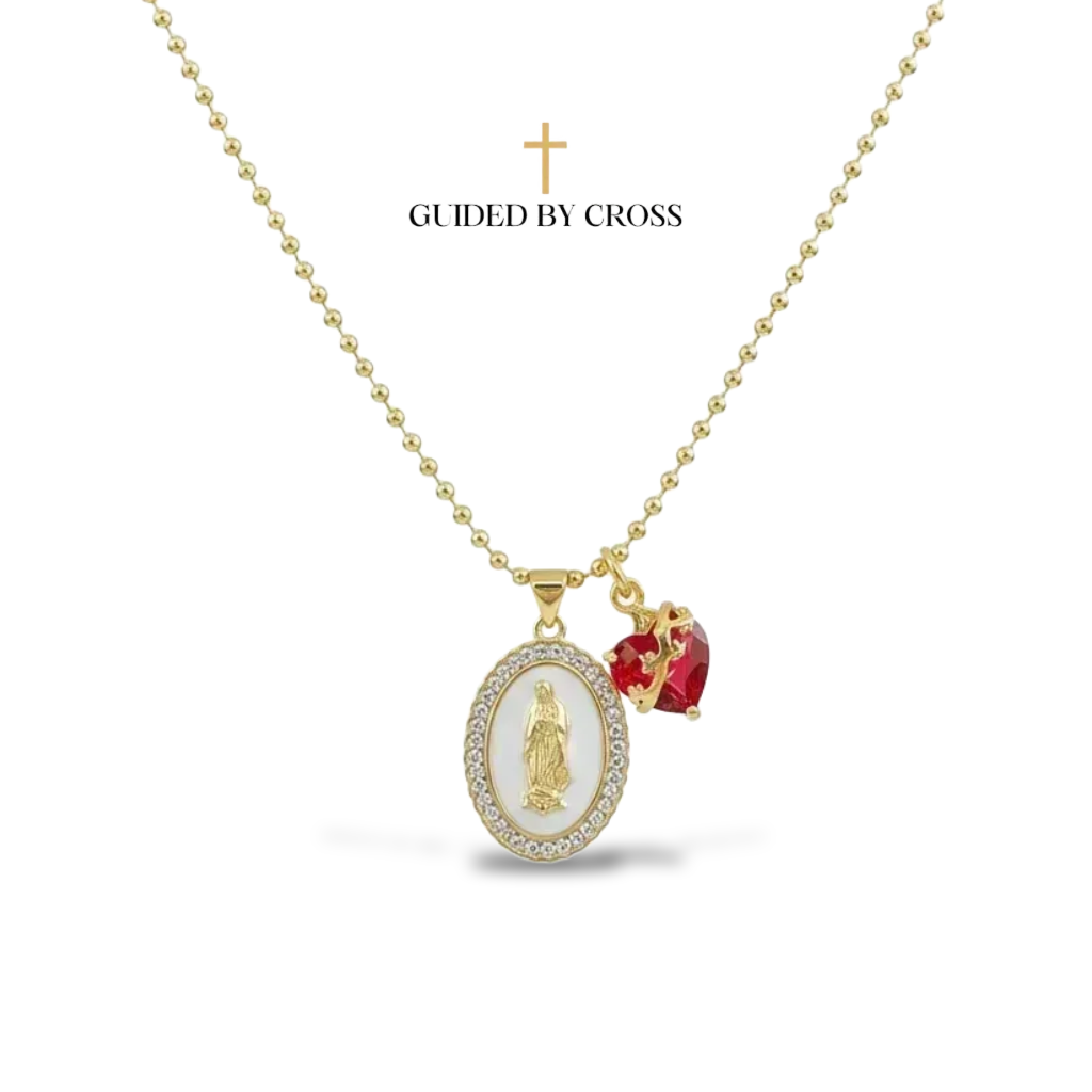Our Lady Medal Multi-Charm Necklace with Heart & Rose - 18K Gold Plated | GUIDED BY CROSS