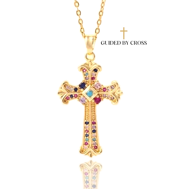 Rainbow Crystal Cross Necklace - PVD Gold Plated Stainless Steel | GUIDED BY CROSS