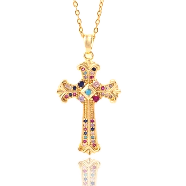 Gold cross pendant with colorful stones on a white background, branded 'Guided by Cross'.