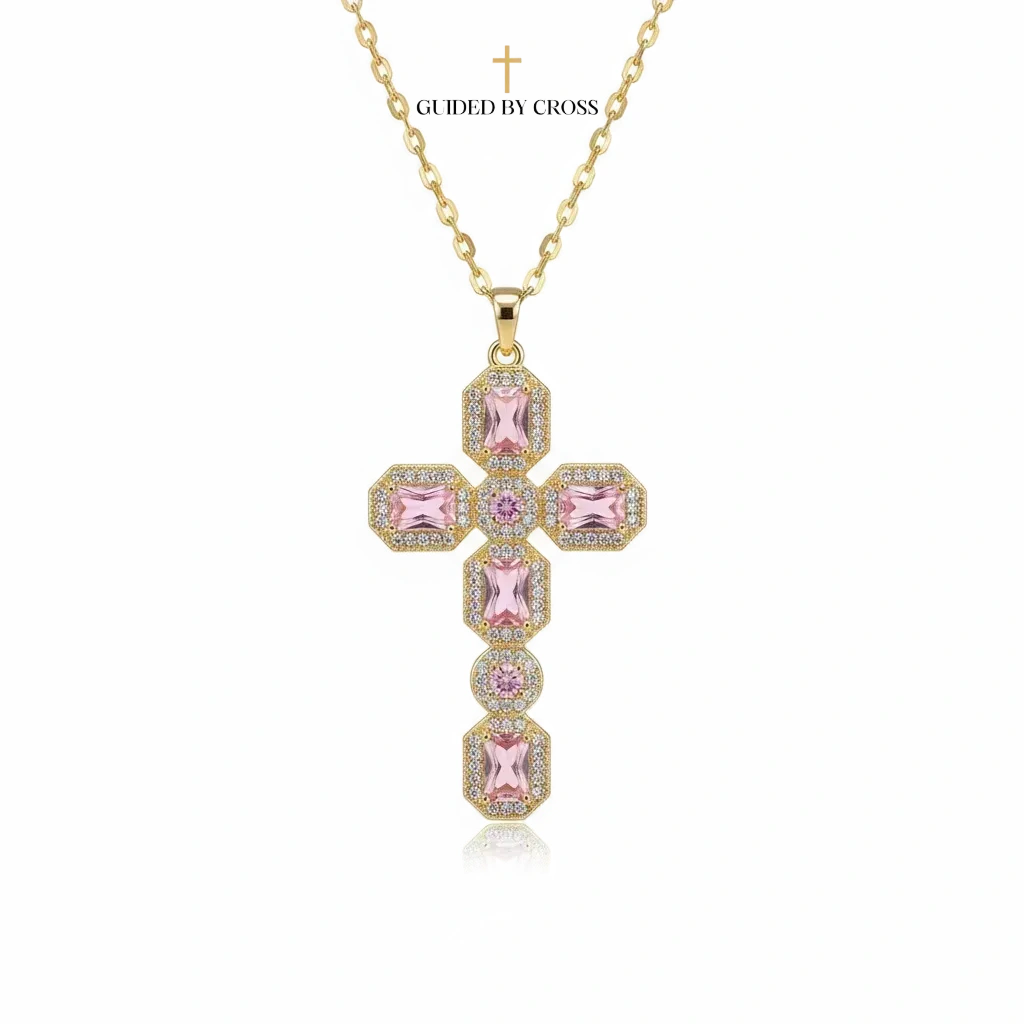 Pink Morganite Cross Necklace - Gold Plated Titanium Steel Jewelry | GUIDED BY CROSS