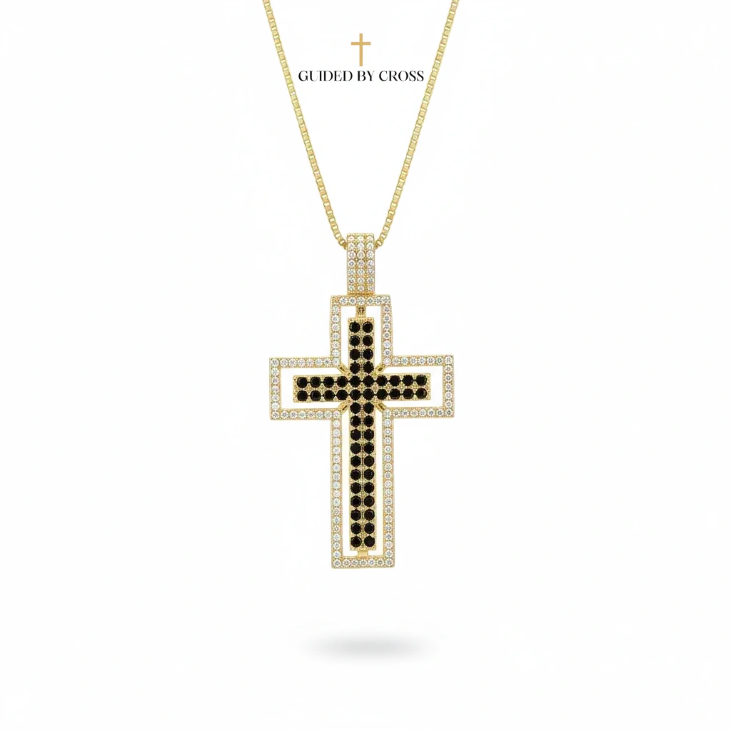 Large Black Crystal Cross Necklace - 18K Gold Plated Unisex Jewelry | GUIDED BY CROSS
