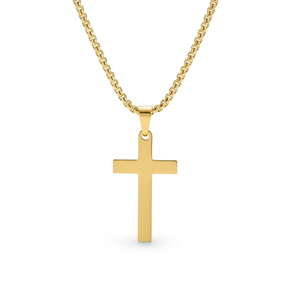 Gold cross necklace with 'Guided by Cross' branding on a white background