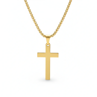 Gold cross necklace with 'Guided by Cross' branding on a white background