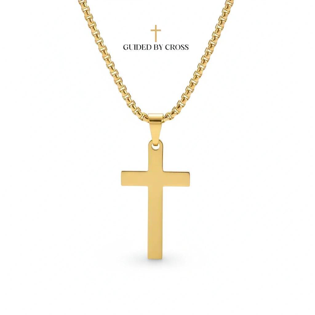 Gold Stainless Steel Cross Necklace - Men's Hip-Hop Box Chain Jewelry | GUIDED BY CROSS