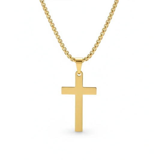 Gold cross necklace with 'Guided by Cross' branding on a white background