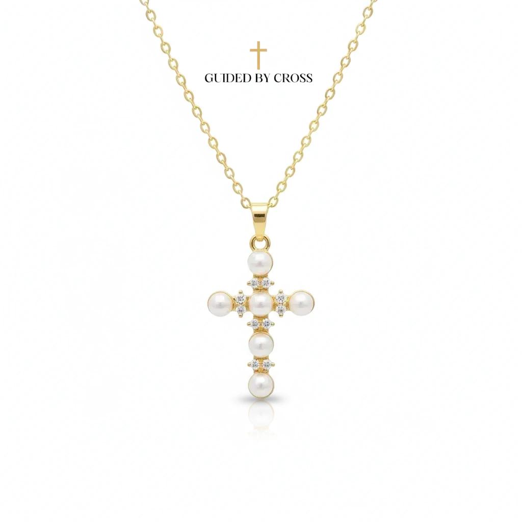 Gold Pearl Crystal Cross Necklace - Delicate Chain Christian Jewelry | GUIDED BY CROSS