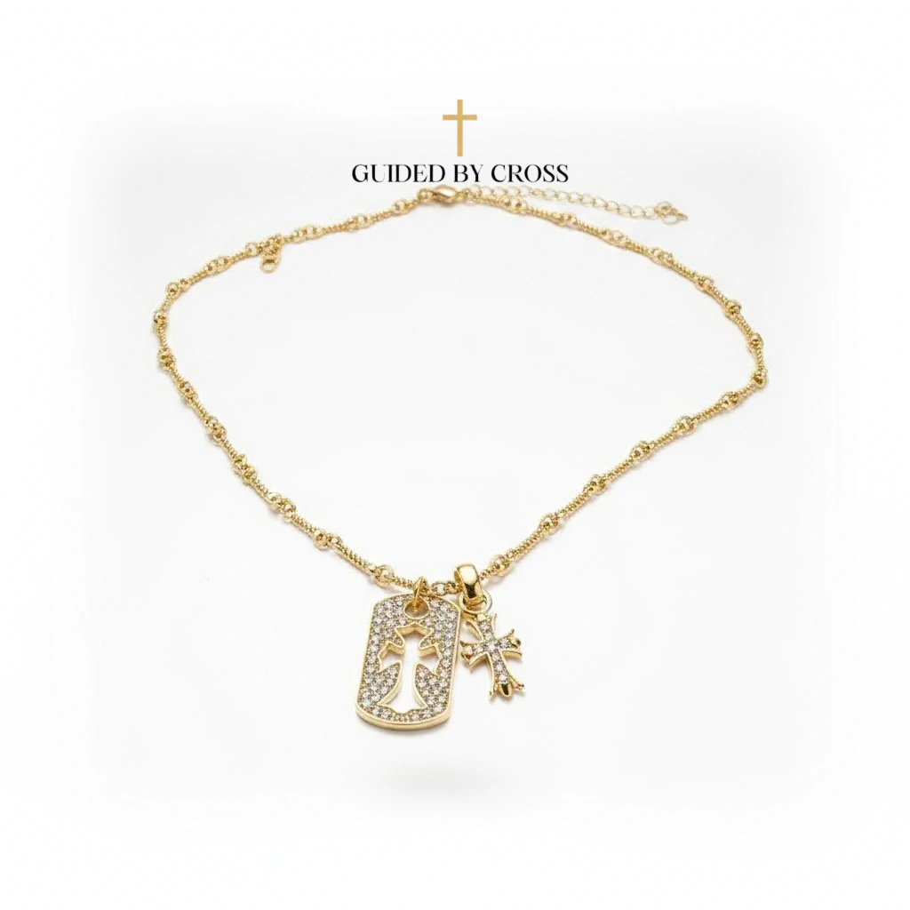 Crystal Cross & Key Charm Necklace - Gold Layered Christian Jewelry | GUIDED BY CROSS