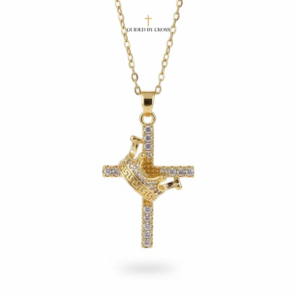 Gold Crown Cross Necklace with Zirconia Crystals - Stainless Steel Chain | GUIDED BY CROSS