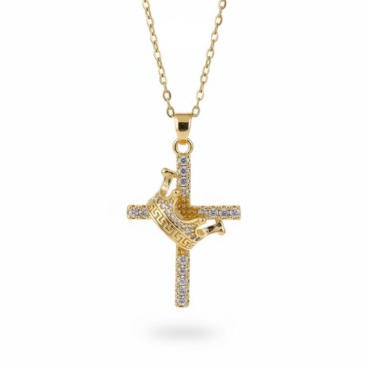 Gold cross pendant necklace with clear stones on a white background, branded 'Guided by Cross'.