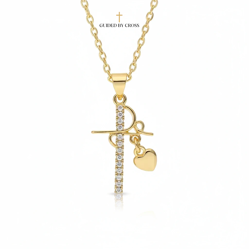 Gold Crystal Cross Necklace with Heart Charm - Delicate Chain Jewelry | GUIDED BY CROSS