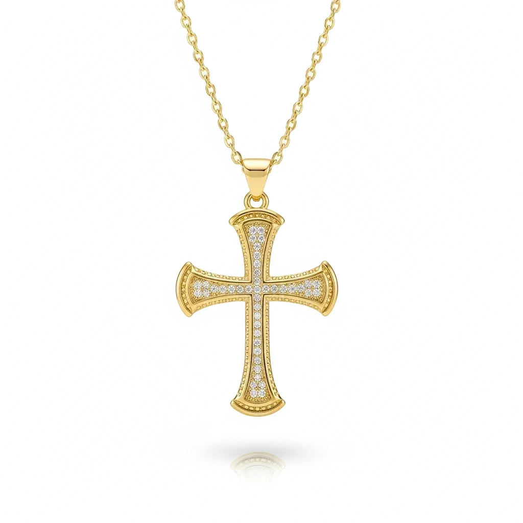 Gold cross pendant necklace with diamonds on a white background, branded 'Guided by Cross'.