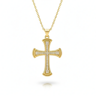 Gold cross pendant necklace with diamonds on a white background, branded 'Guided by Cross'.