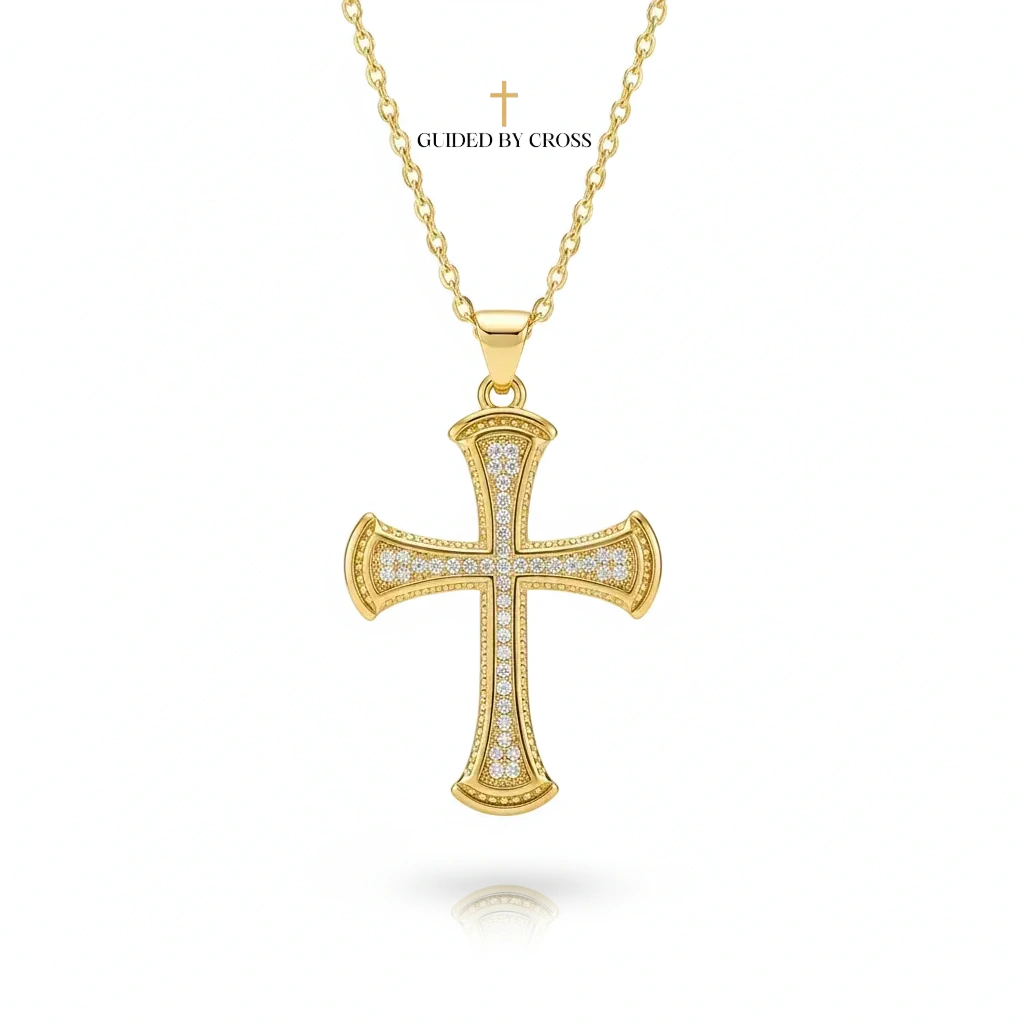 Gold Ornate Crystal Cross Necklace - Pave Setting Cable Chain | GUIDED BY CROSS