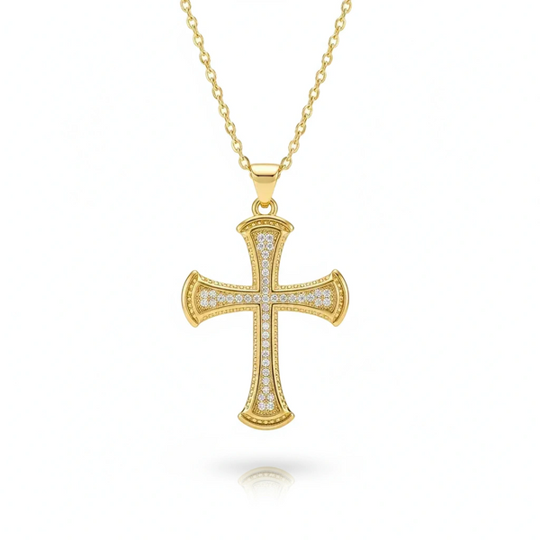 Gold cross pendant necklace with diamonds on a white background, branded 'Guided by Cross'.