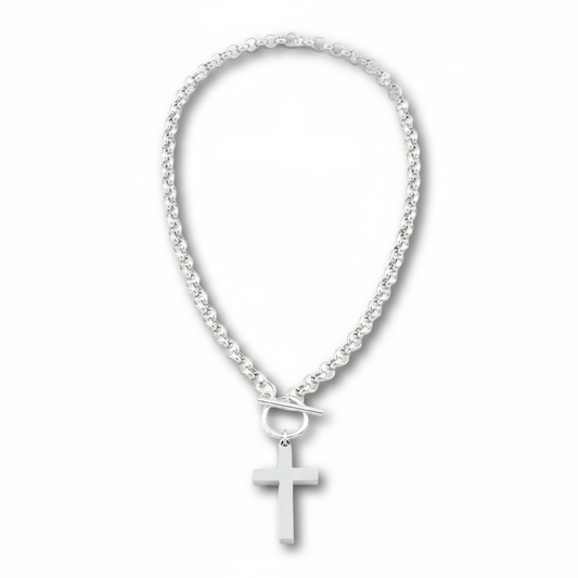 Silver necklace with a cross pendant on a white background, featuring 'Guided by Cross' branding.