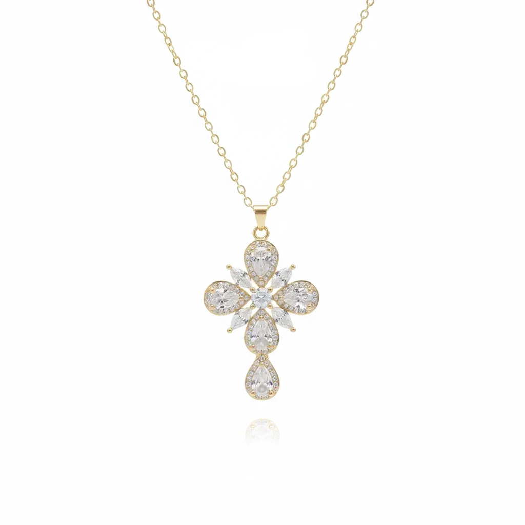 Gold cross necklace with clear stones on a white background, branded 'Guided by Cross'.