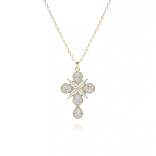 Gold cross necklace with clear stones on a white background, branded 'Guided by Cross'.