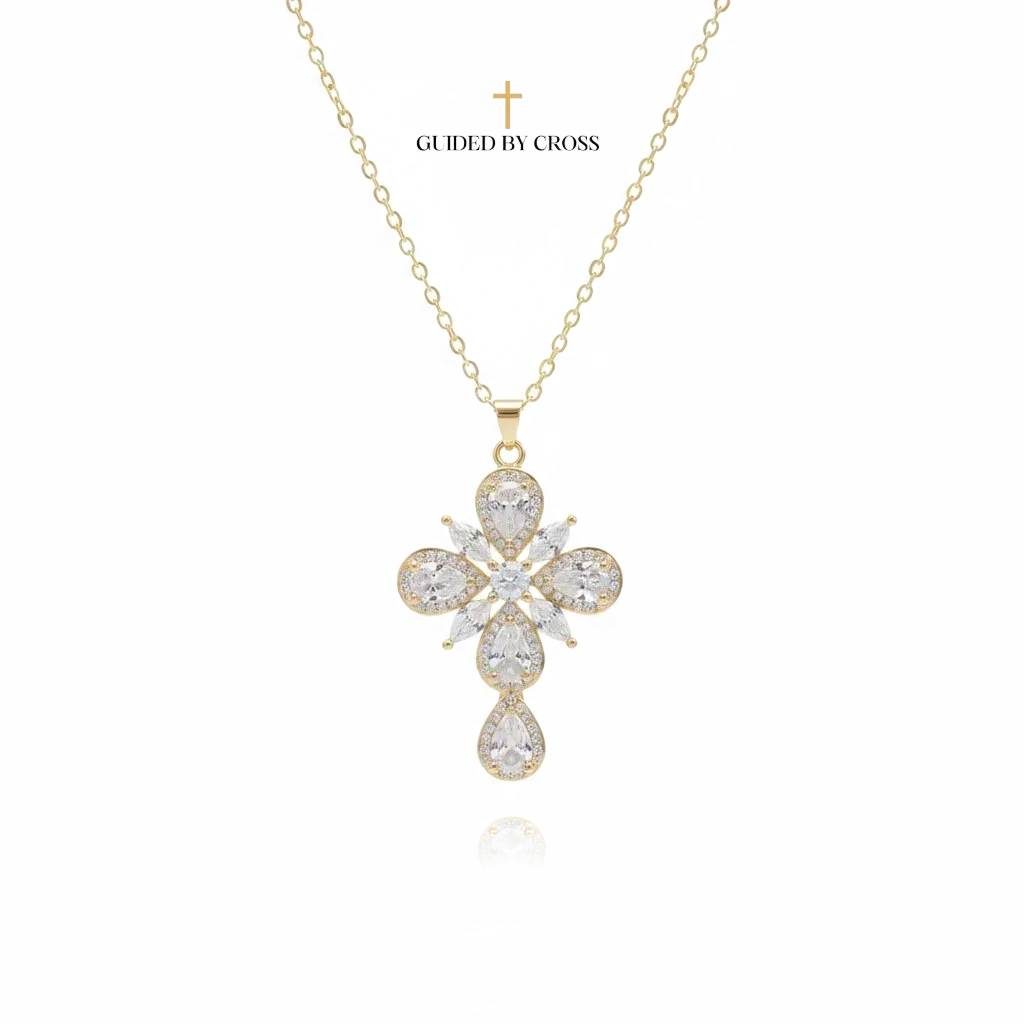 Gold Floral Crystal Cross Necklace - Teardrop Petal Design Jewelry | GUIDED BY CROSS