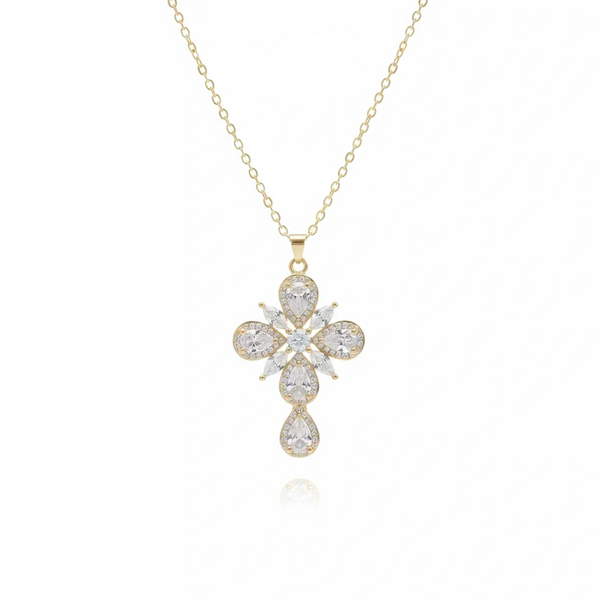 Gold cross necklace with clear stones on a white background, branded 'Guided by Cross'.