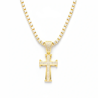 Gold cross pendant necklace with clear stones on a white background, branded 'Guided by Cross'.