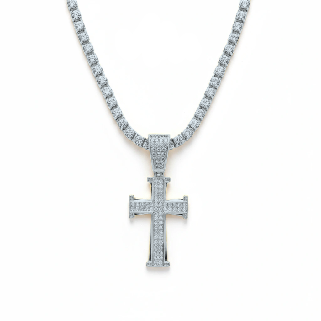 Silver cross pendant necklace with clear stones on a white background, branded 'Guided by Cross'.