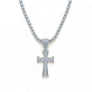 Silver cross pendant necklace with clear stones on a white background, branded 'Guided by Cross'.