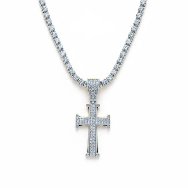 Silver cross pendant necklace with clear stones on a white background, branded 'Guided by Cross'.
