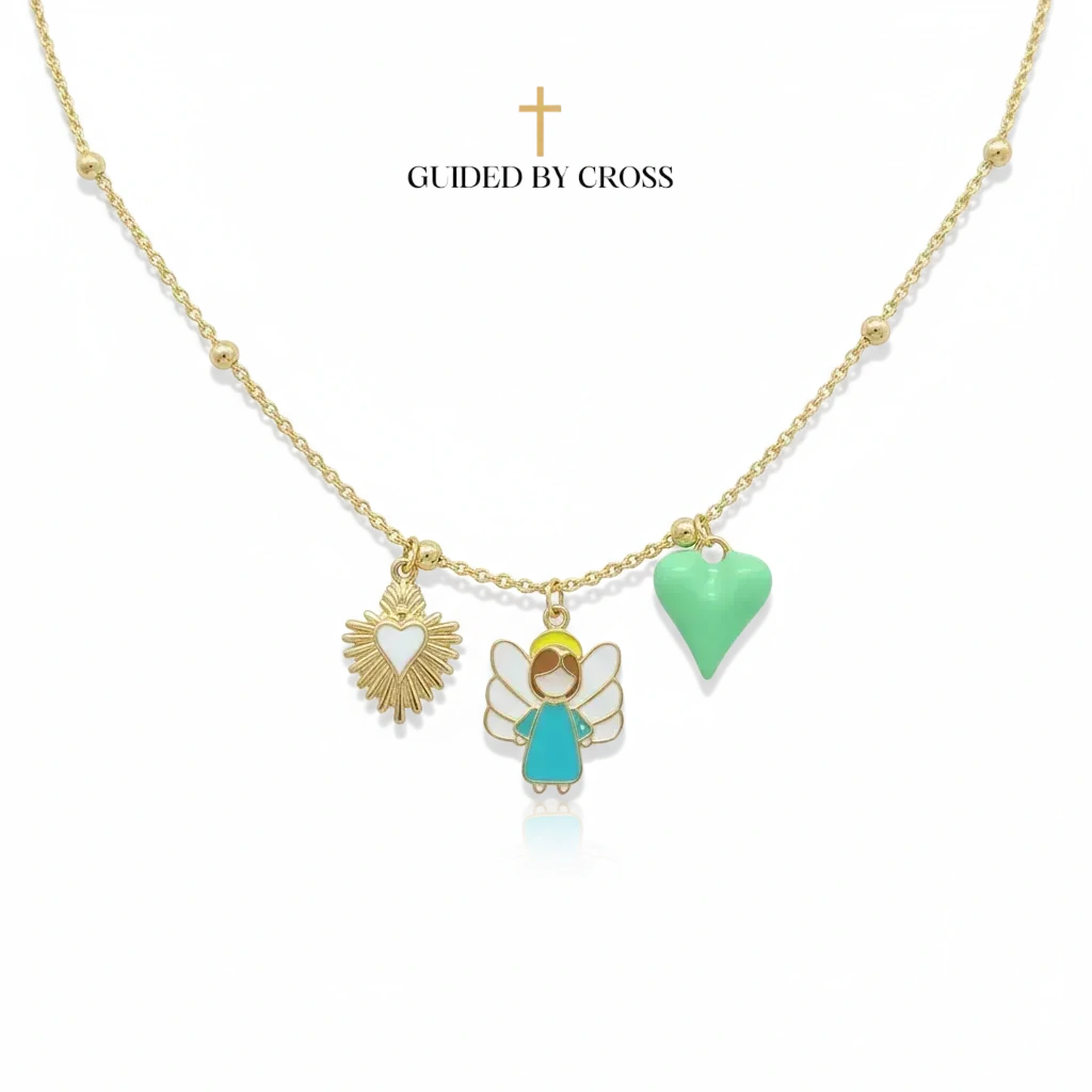 Sacred Heart Angel Multi-Charm Necklace - 18K Gold Plated Christian Jewelry | GUIDED BY CROSS