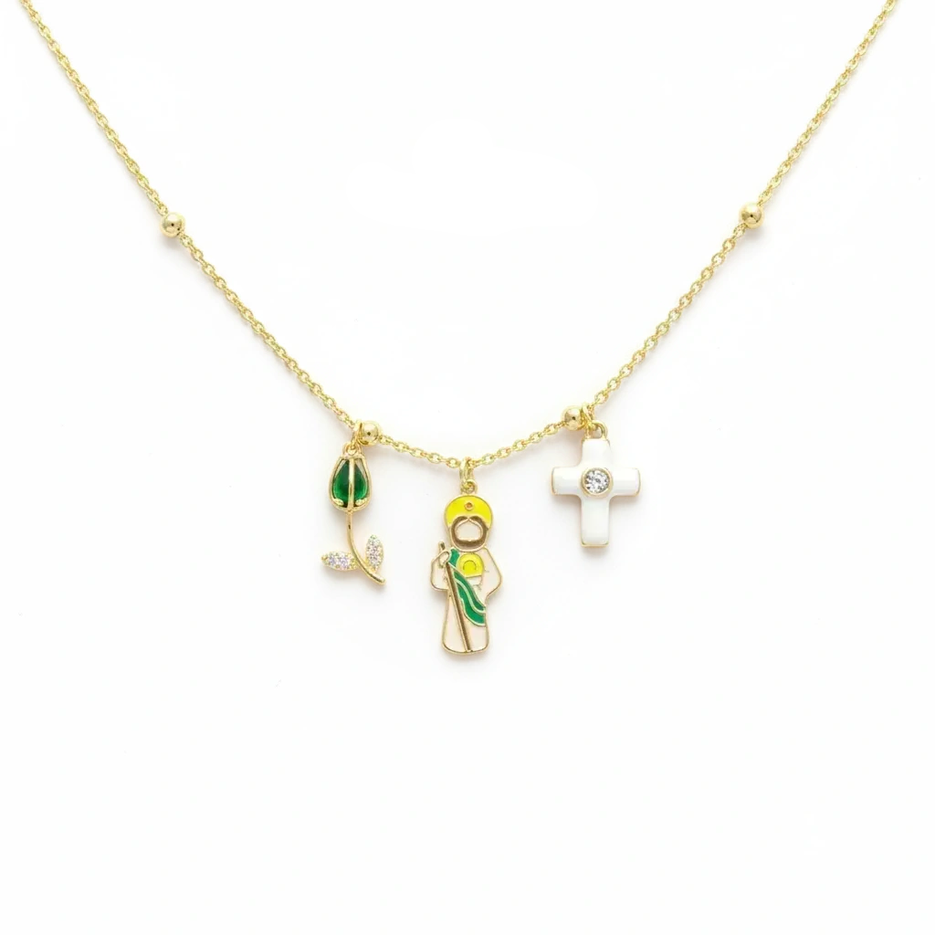 Gold necklace with three charms on a white background, featuring 'Guided by Cross' branding.
