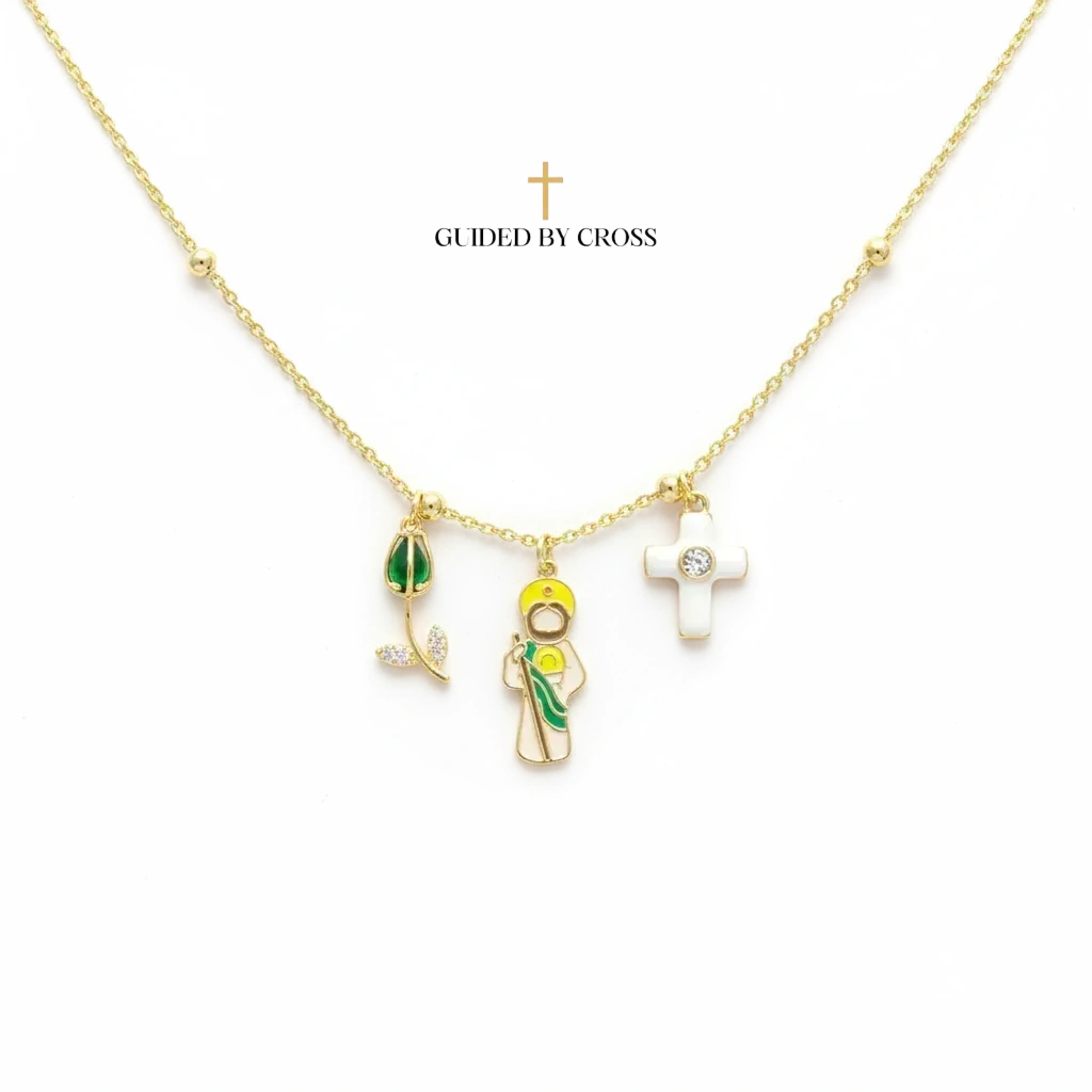 Saint Jude Cross Multi-Charm Necklace - 18K Gold Plated Christian Jewelry | GUIDED BY CROSS