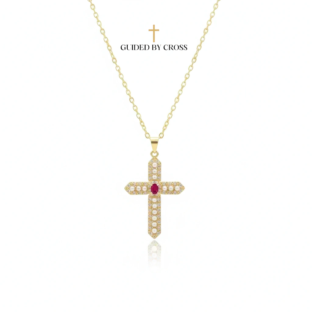 Gold Pearl Cross Necklace with Ruby Crystal - Delicate Chain Jewelry | GUIDED BY CROSS
