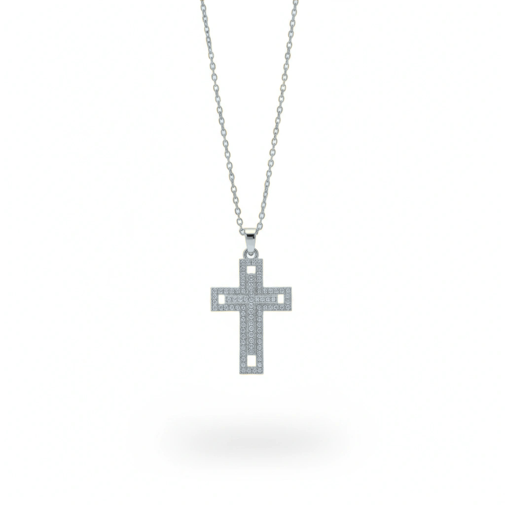 Silver cross pendant necklace on a white background