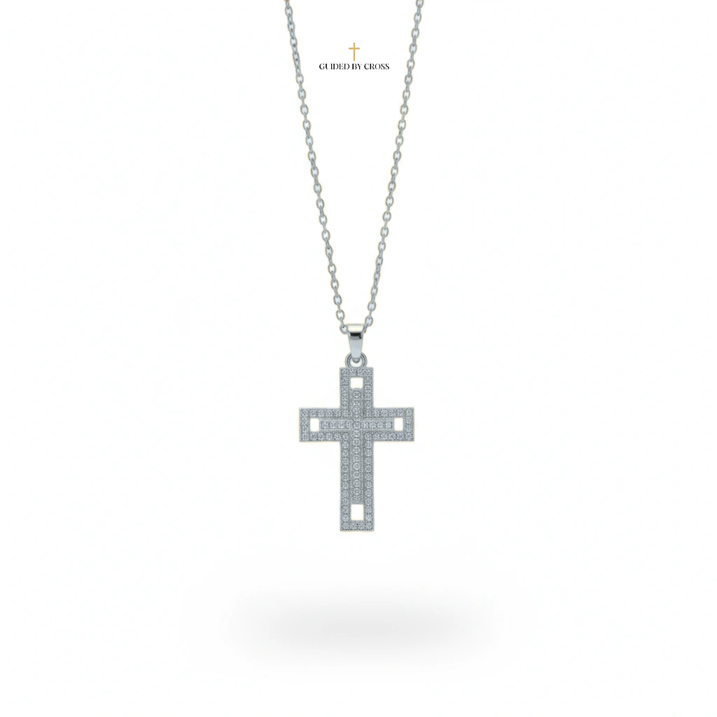 Silver Full Pave Crystal Cross Necklace - Titanium Steel Chain Jewelry | GUIDED BY CROSS